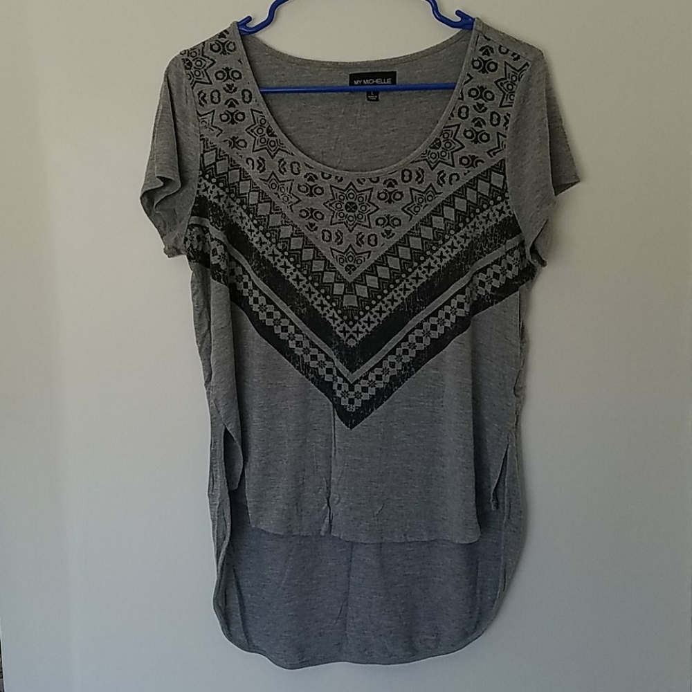 Grey Geometric Print with Split High-Low Hem